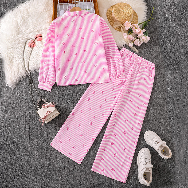 Imported 👕 Kids’ Autumn Striped Bow Shirt & Trousers Set – Long Sleeve Two-Piece Outfit
