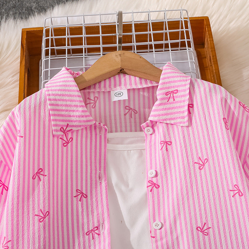 Imported 👕 Kids’ Autumn Striped Bow Shirt & Trousers Set – Long Sleeve Two-Piece Outfit
