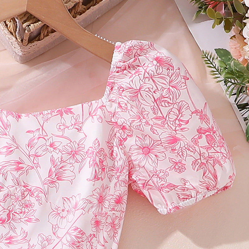 Imported 🌸Summer New French Floral Puff Sleeve Princess Dress For Girls – Elegant Waist Design